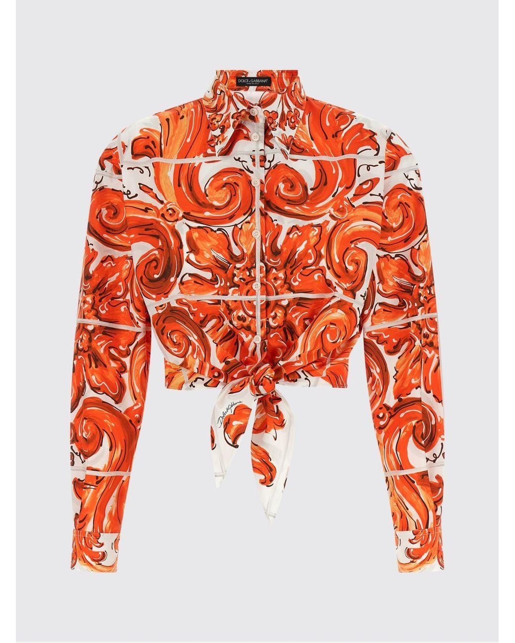 Dolce & Gabbana Orange Dolce &Amp Gabbana Cropped Cotton Shirt With Maioliche Print And Front Tie