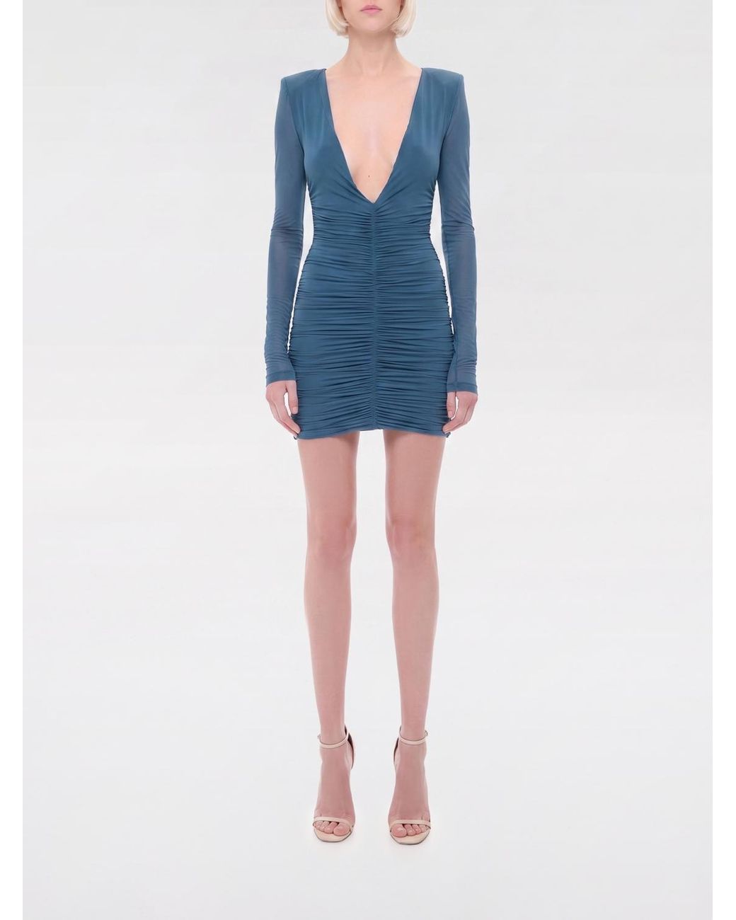 Saint Laurent Blue Ruched Jersey Sheath Mini Dress With A Deep V-Neckline