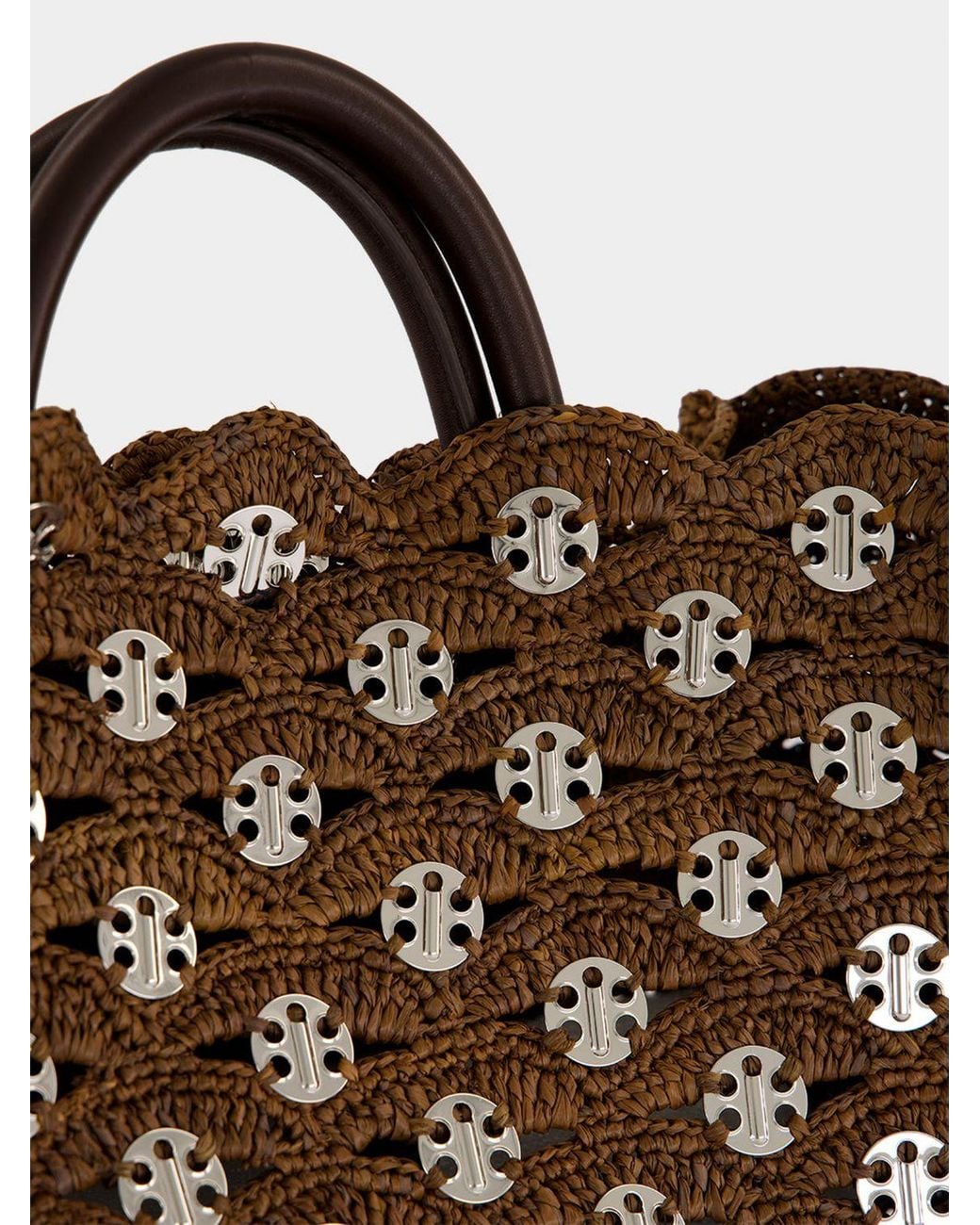 Rabanne Brown 1969 Raffia And Leather Tote Bag With Metallic Rings