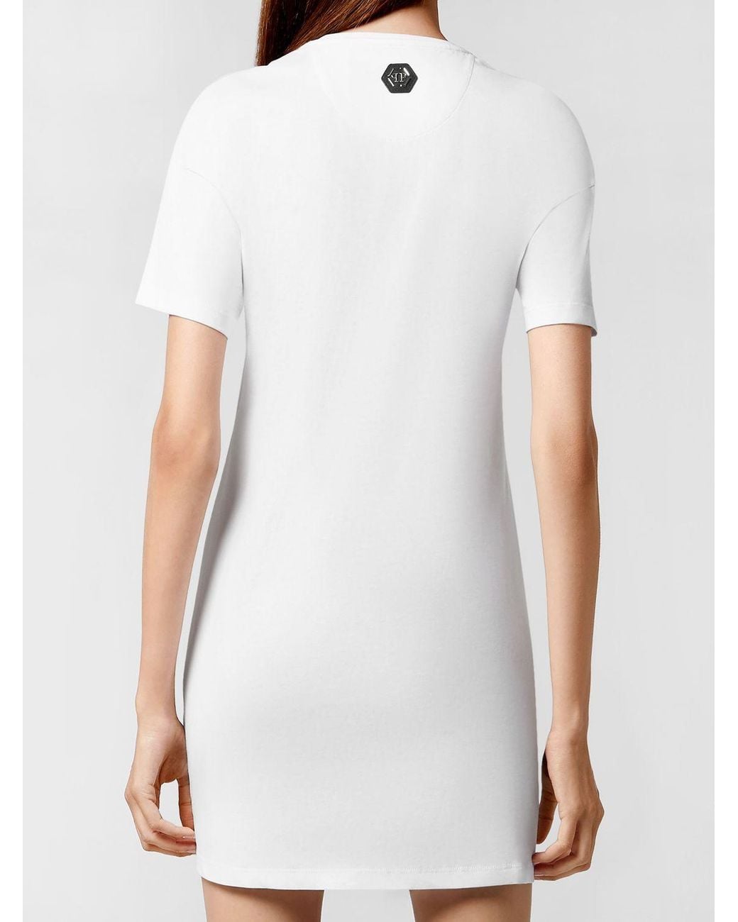 Philipp Plein White Slim Fit Teddy Bear Print T-Shirt Mini Dress With Rhinestones