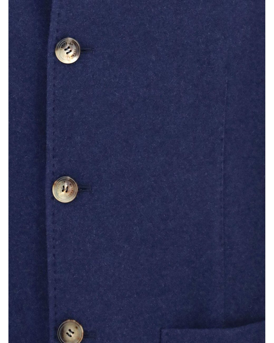 Brunello Cucinelli Blue Water-Repellent Cashmere Short Single-Breasted Coat With High Collar for men