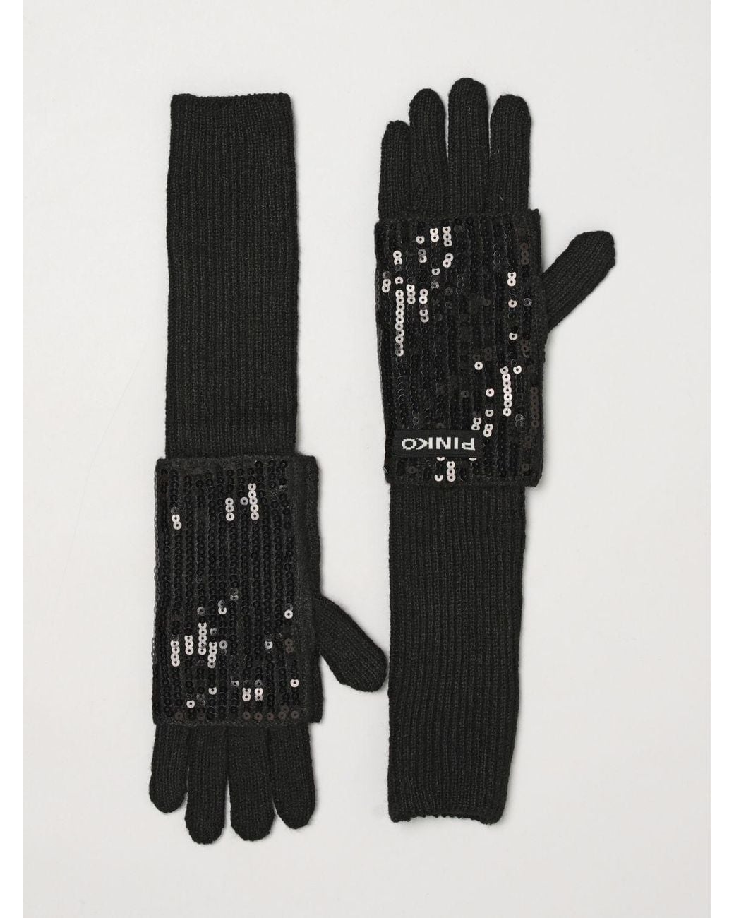 Pinko Black Sequin-Embroidered Polyester Gloves With Ribbed Cuffs