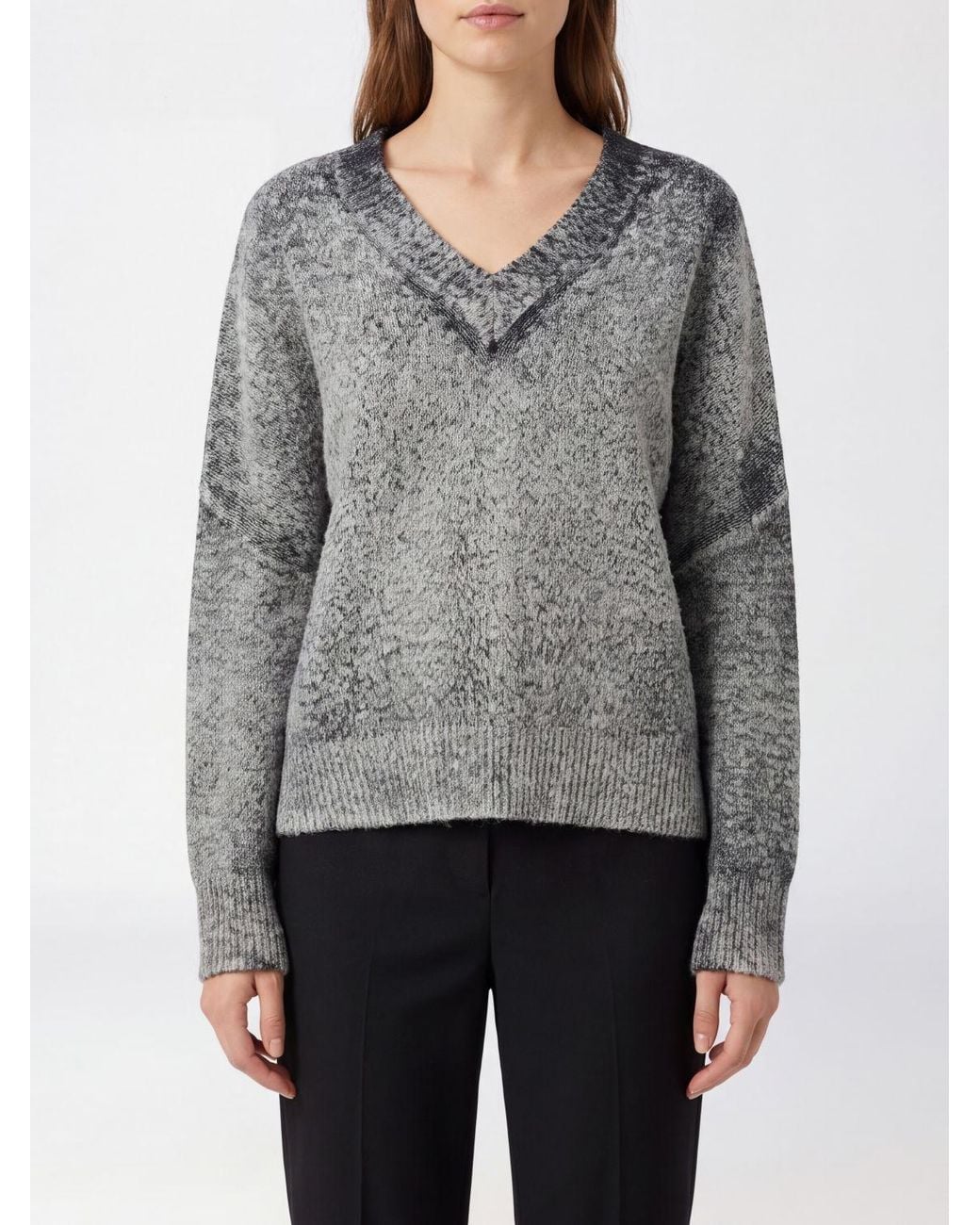 Avant Toi Gray V-Neck Cotton Sweater With Abstract Print And Dropped Shoulders