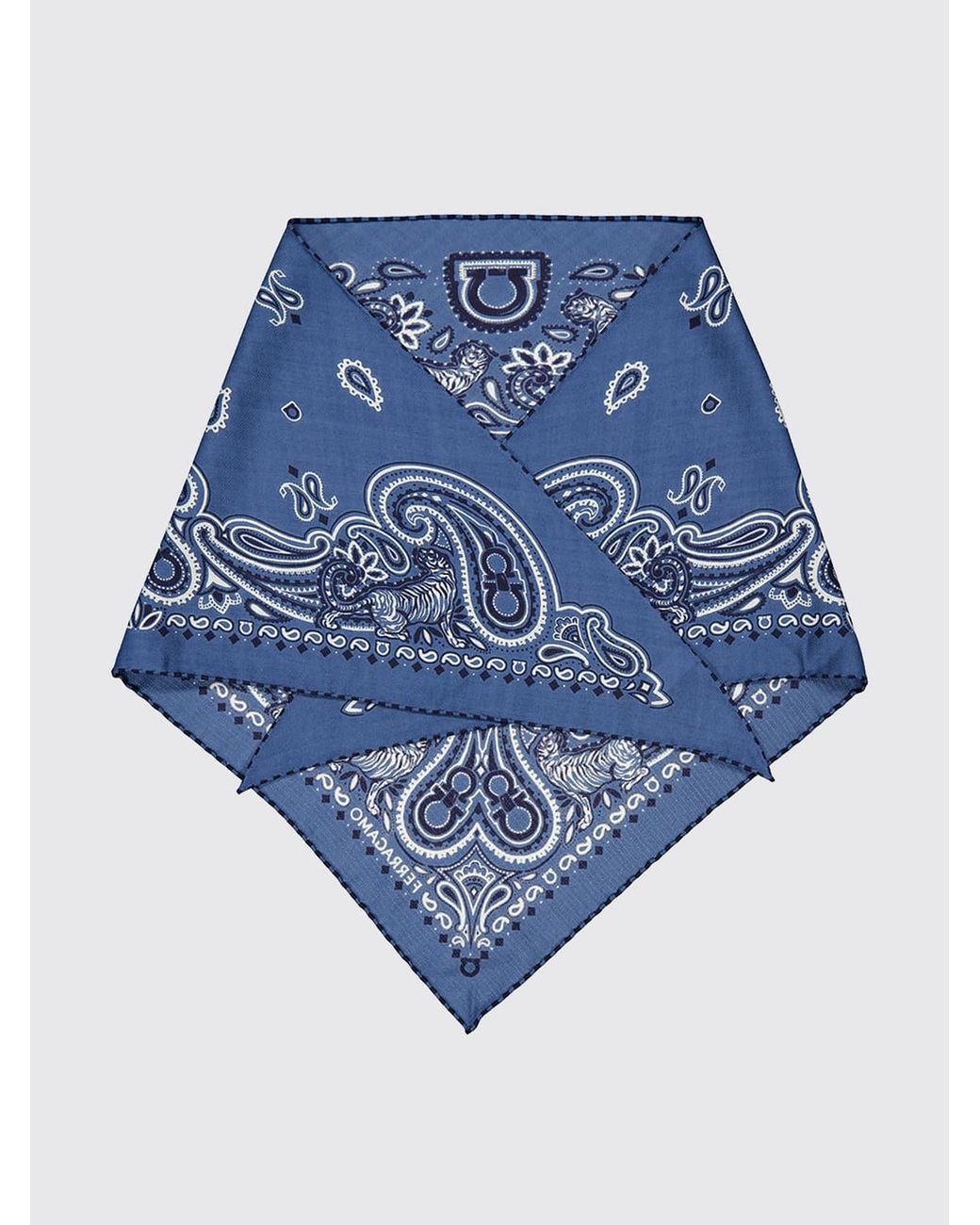 Ferragamo Blue Arabesque Cashmere And Wool Triangle Scarf With Logo for men