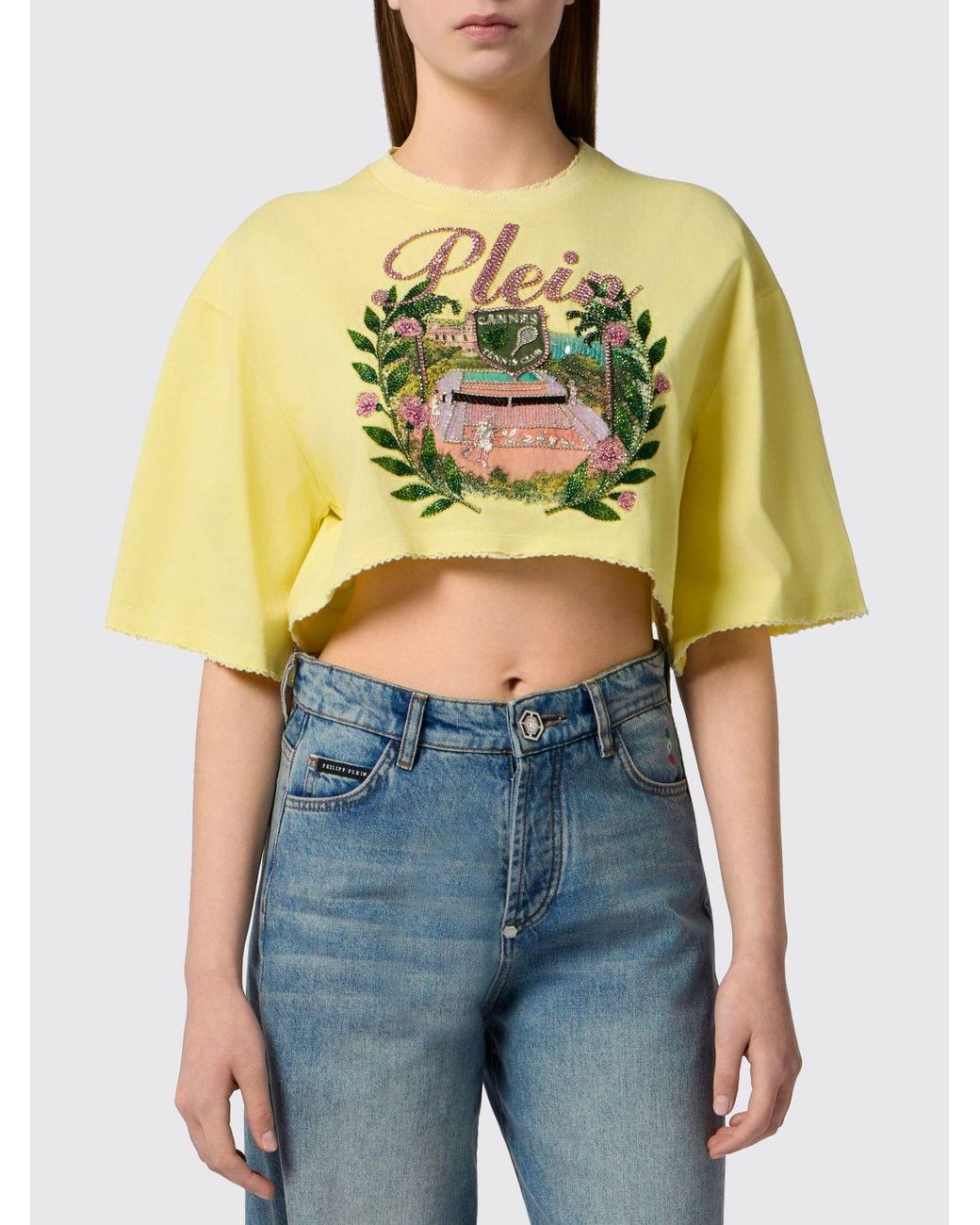 Philipp Plein Blue Cropped Cotton T-Shirt With Jacquard Logo And Fringed Hem