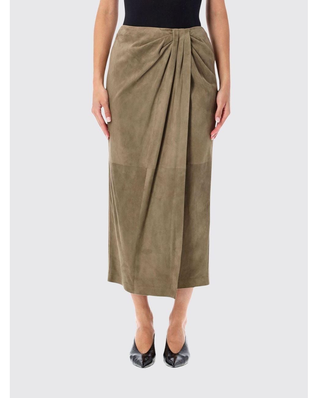 Ralph Lauren Green Draped Suede Leather Midi Pencil Skirt