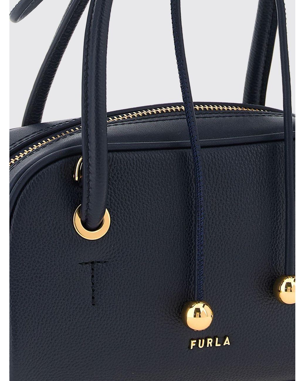 Furla Blue Poppy Mini Full-Grain Leather Handbag With Double Handle And Shoulder Strap