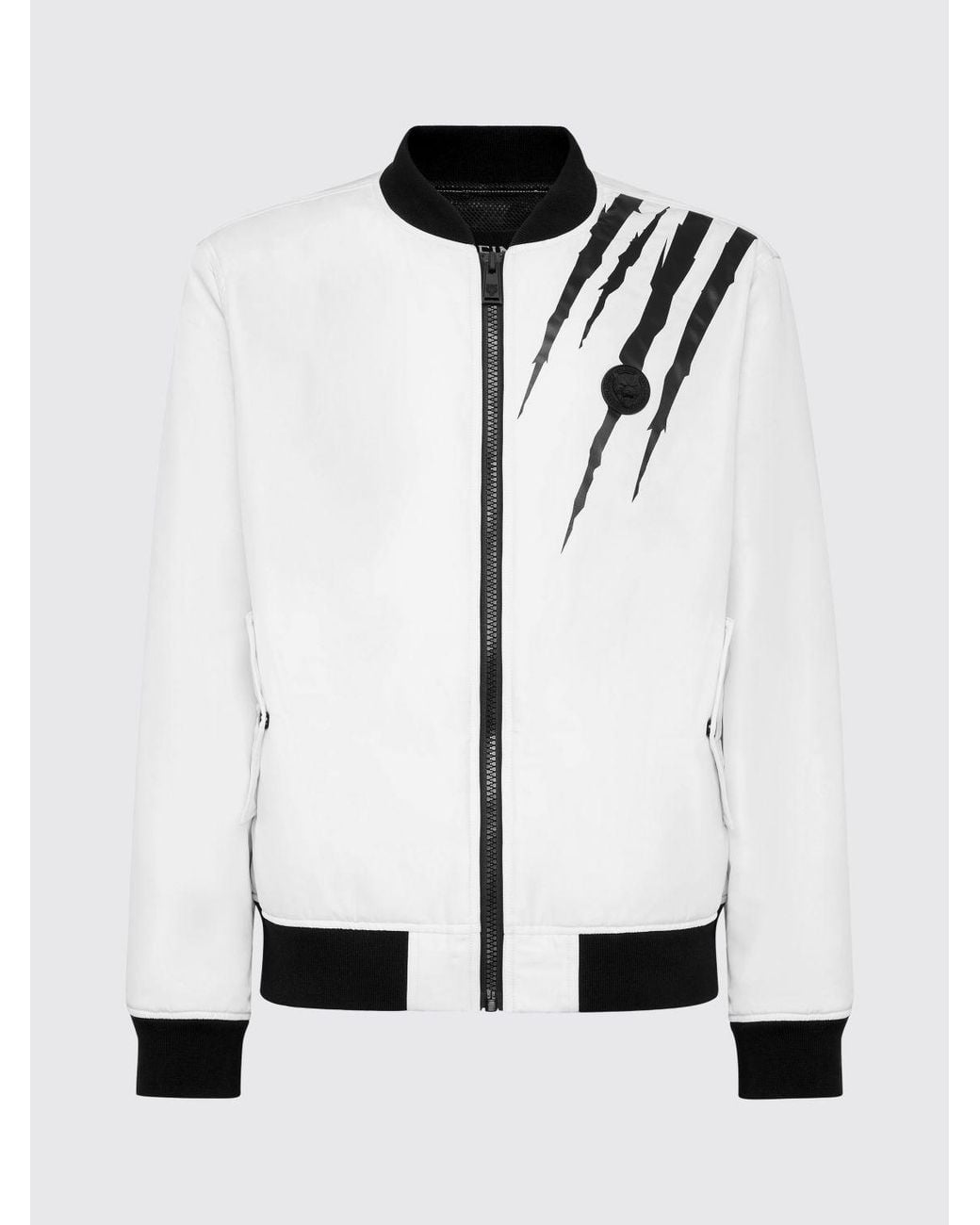 Philipp Plein White Scratch Nylon Bomber Jacket With Contrast Logo And Pockets for men