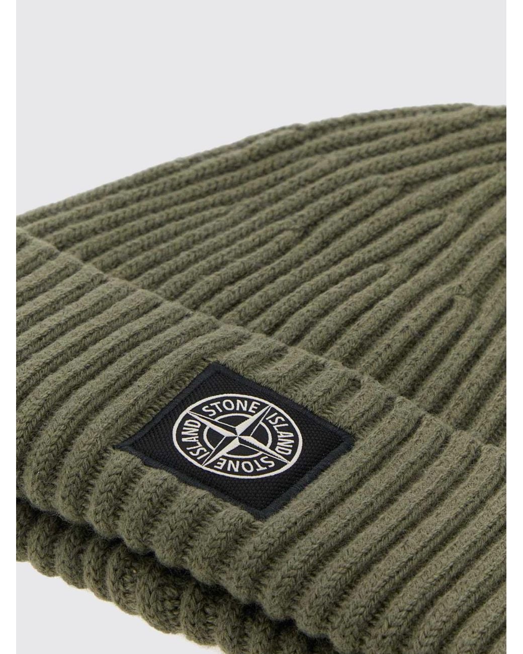 Stone Island Green Ribbed Rws Virgin Wool Beanie Hat With Compass Logo Patch for men