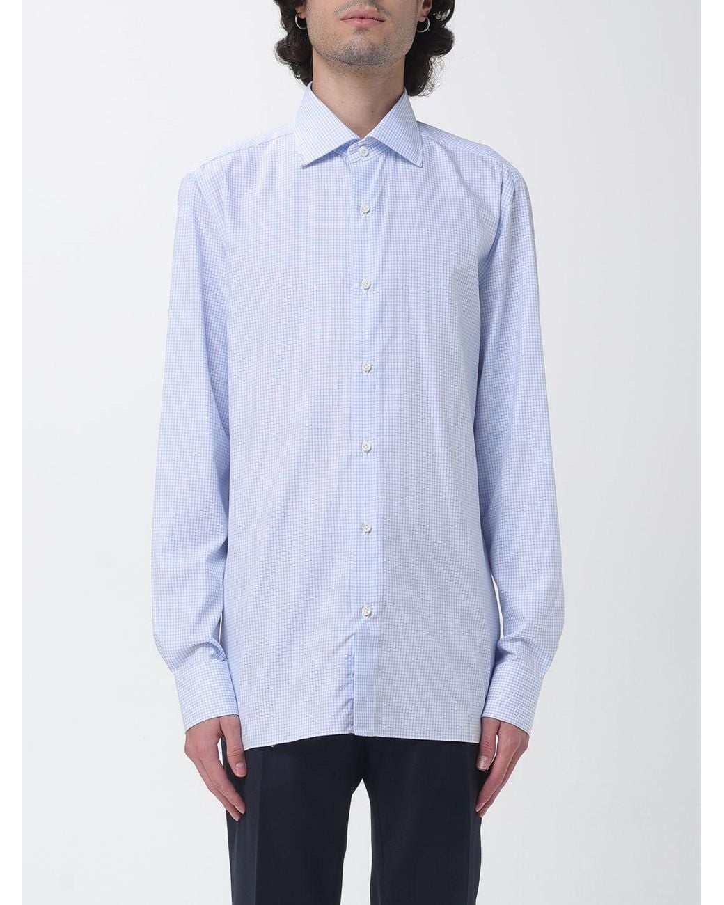 Luigi Borrelli Napoli Blue Luciano Long-Sleeve Striped Cotton Shirt With French Collar for men
