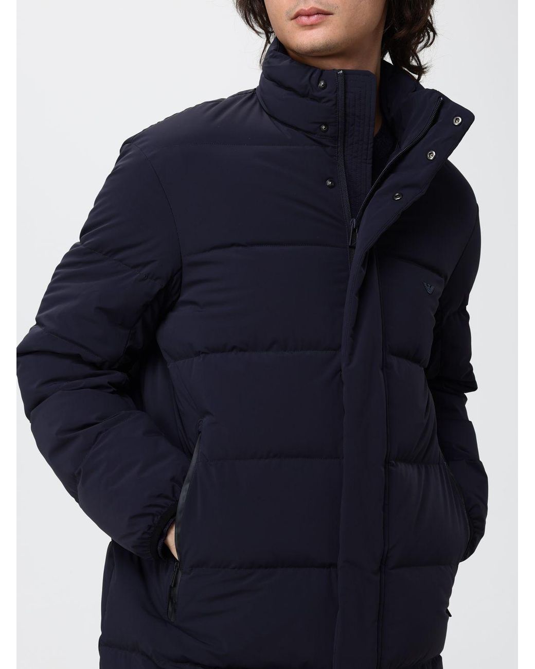 Emporio Armani Blue Knee-Length Water-Repellent Quilted Nylon Down Jacket for men