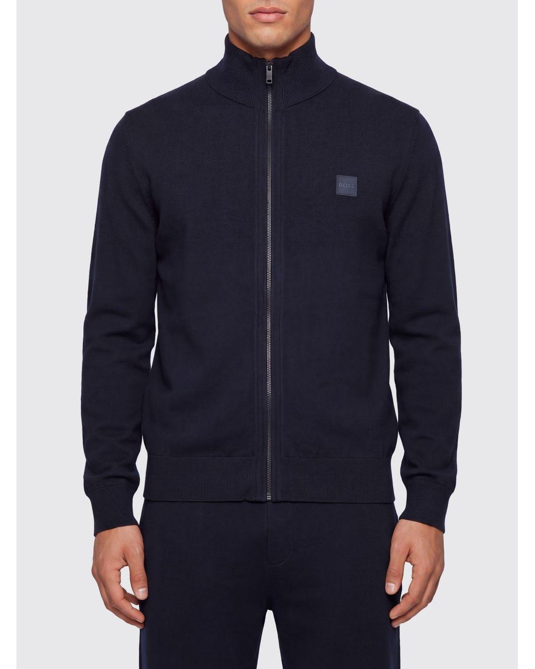 Boss Blue Cotton And Cashmere Turtleneck Zip-Up Jumper for men