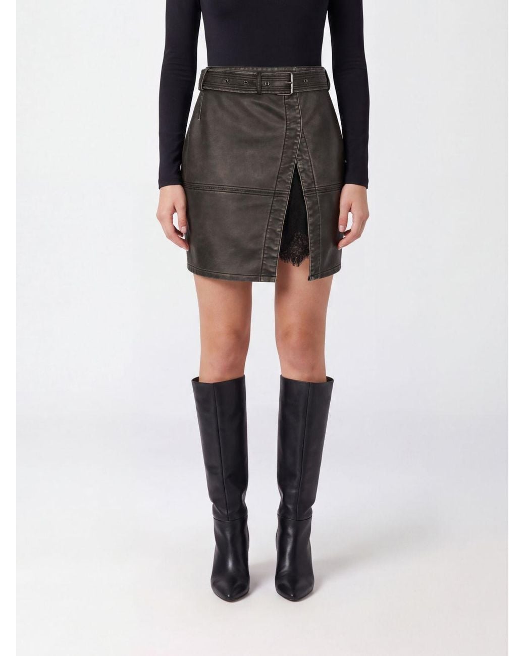 Pinko Black Faux Leather Pencil Midi Skirt With Slit And Belted Waist
