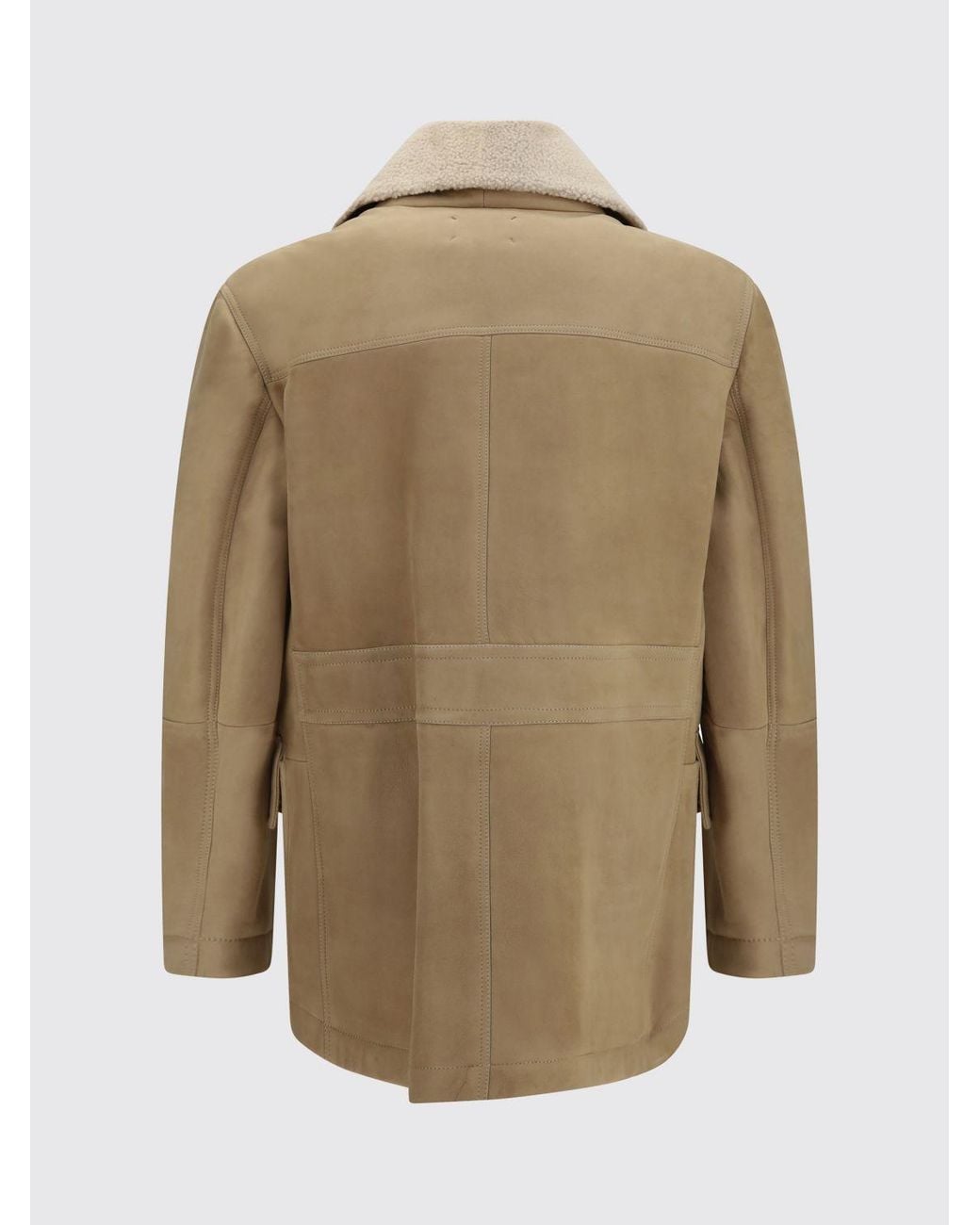 Brunello Cucinelli Natural Double-Breasted Shearling Coat With Shawl Collar for men