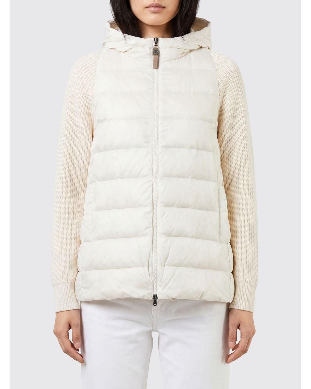 Brunello Cucinelli White Short Quilted Nylon Hooded Puffer Jacket With Zip Closure