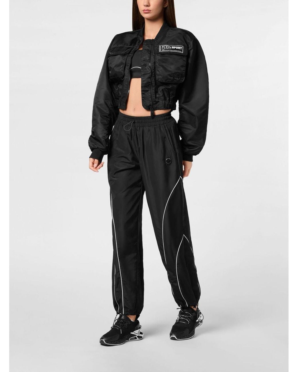 Philipp Plein Black Polyester Crop Bomber Jacket