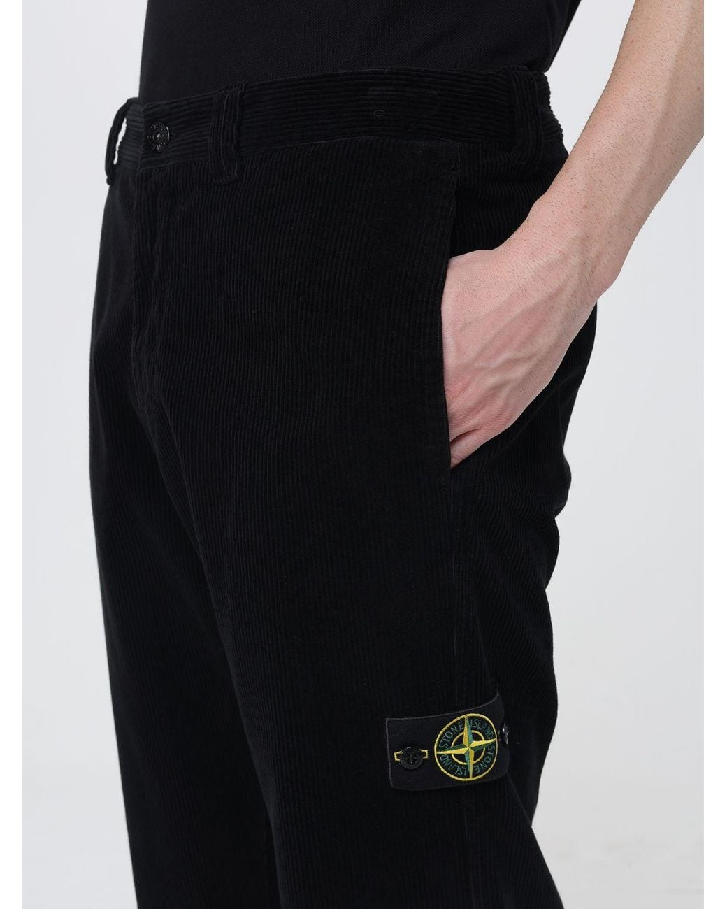 Stone Island Black Velvet Chino Trousers With Compass Logo Patch for men