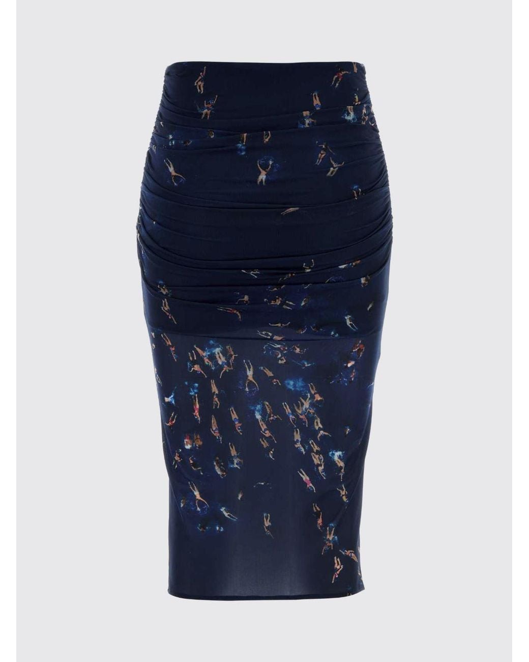 Blumarine Blue Printed Nylon Midi Skirt