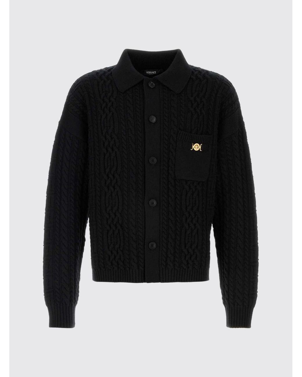 Versace Black Braided Virgin Wool Polo Cardigan for men
