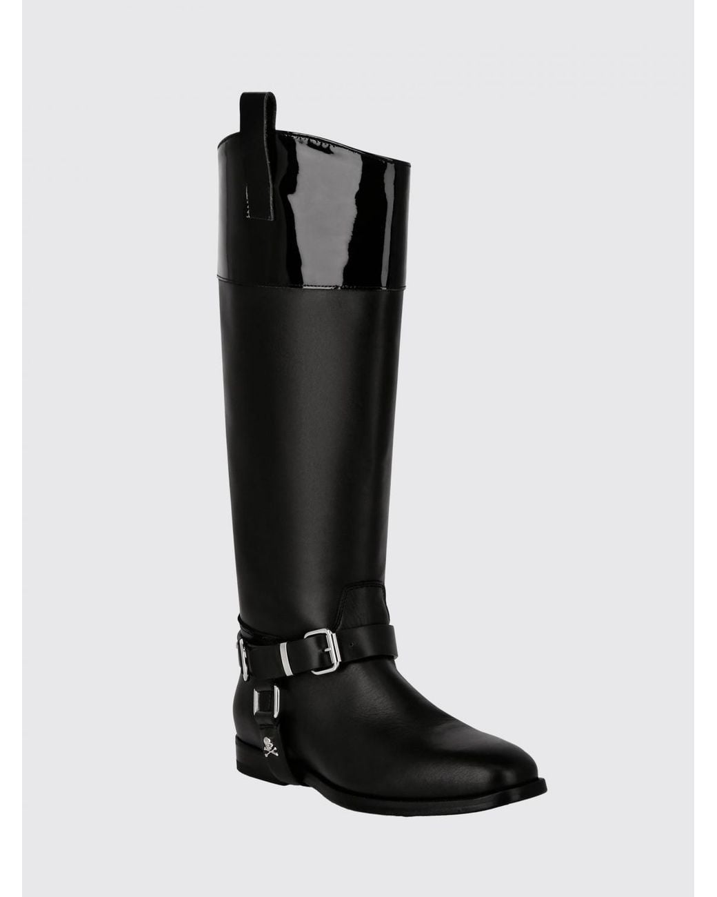 Philipp Plein Black Slip-On Smooth Leather Knee-High Boots With Applied Logo