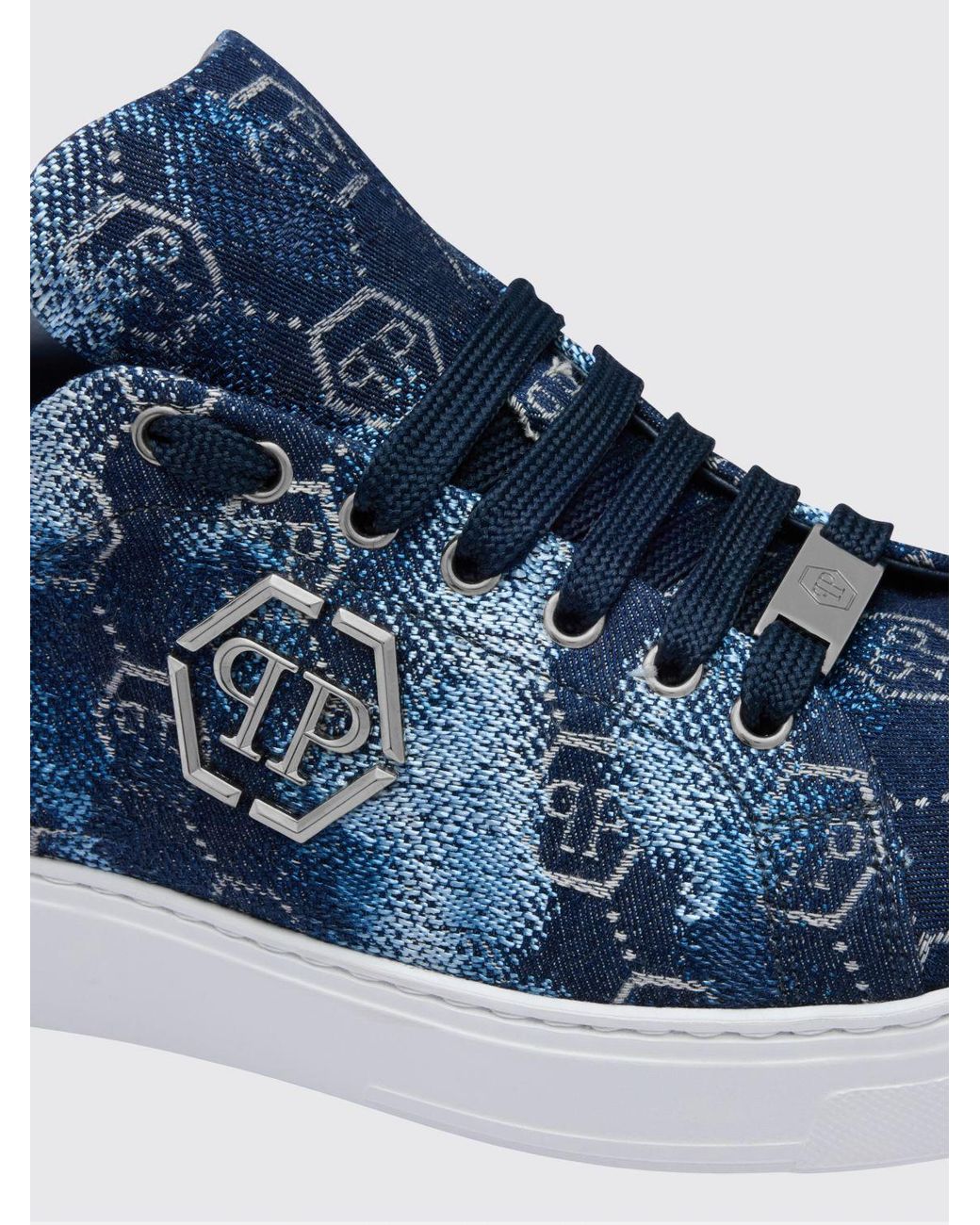 Philipp Plein Blue Bleached Denim Sneakers With Hexagon Jacquard for men