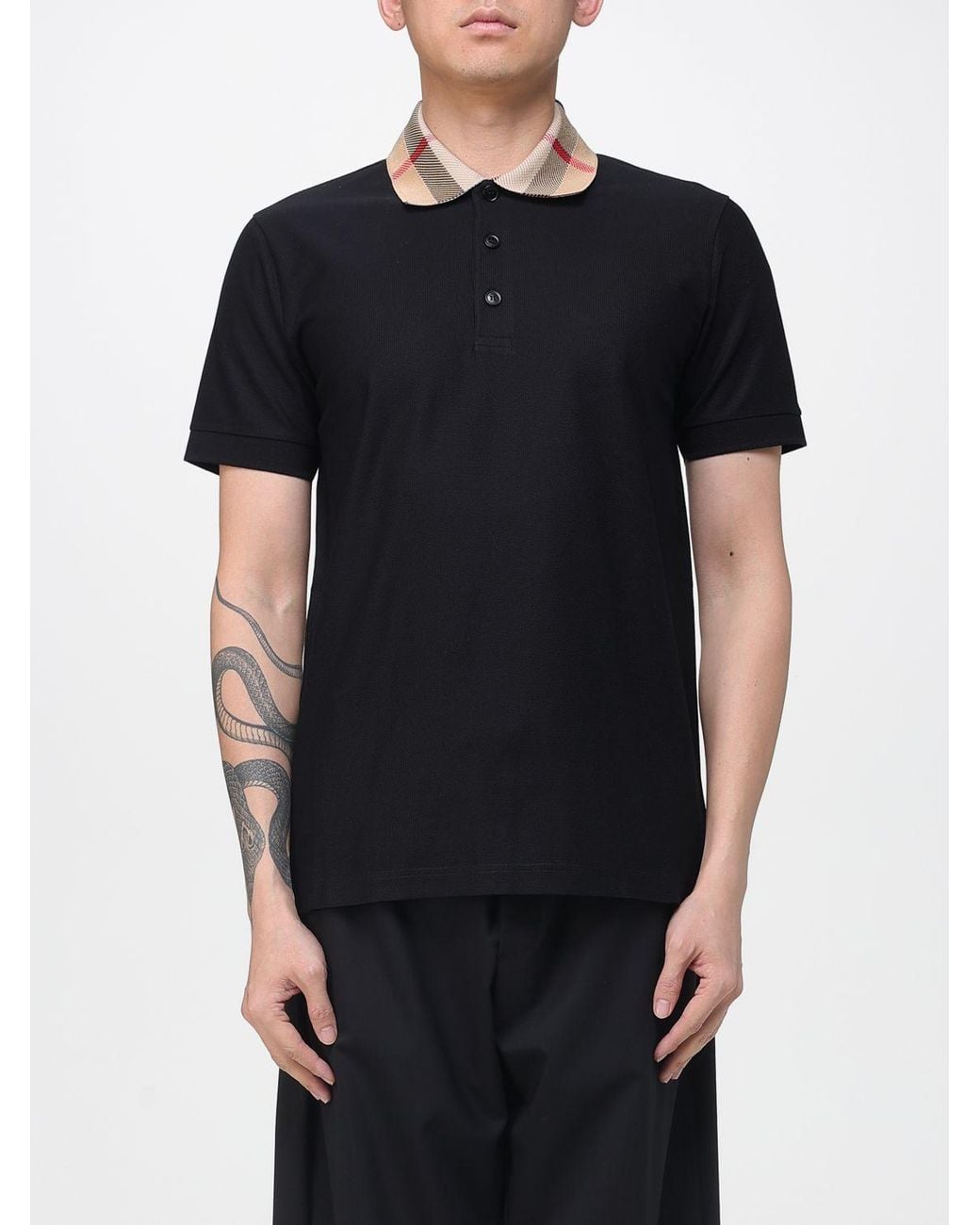 Burberry Black Cotton Polo Shirt With Check Collar for men