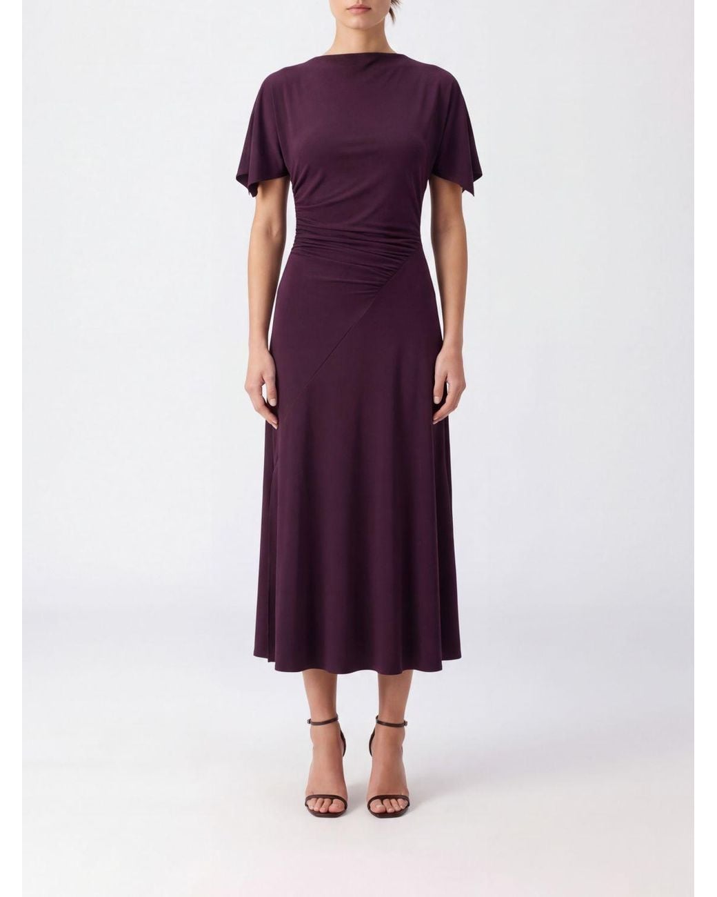 Victoria Beckham Purple Blousey Stretch-Jersey Short-Sleeved Midi Sheath Dress