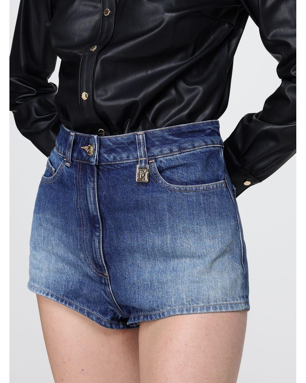 Elisabetta Franchi Blue Denim Jumpsuit With Nappa Effect Fabric