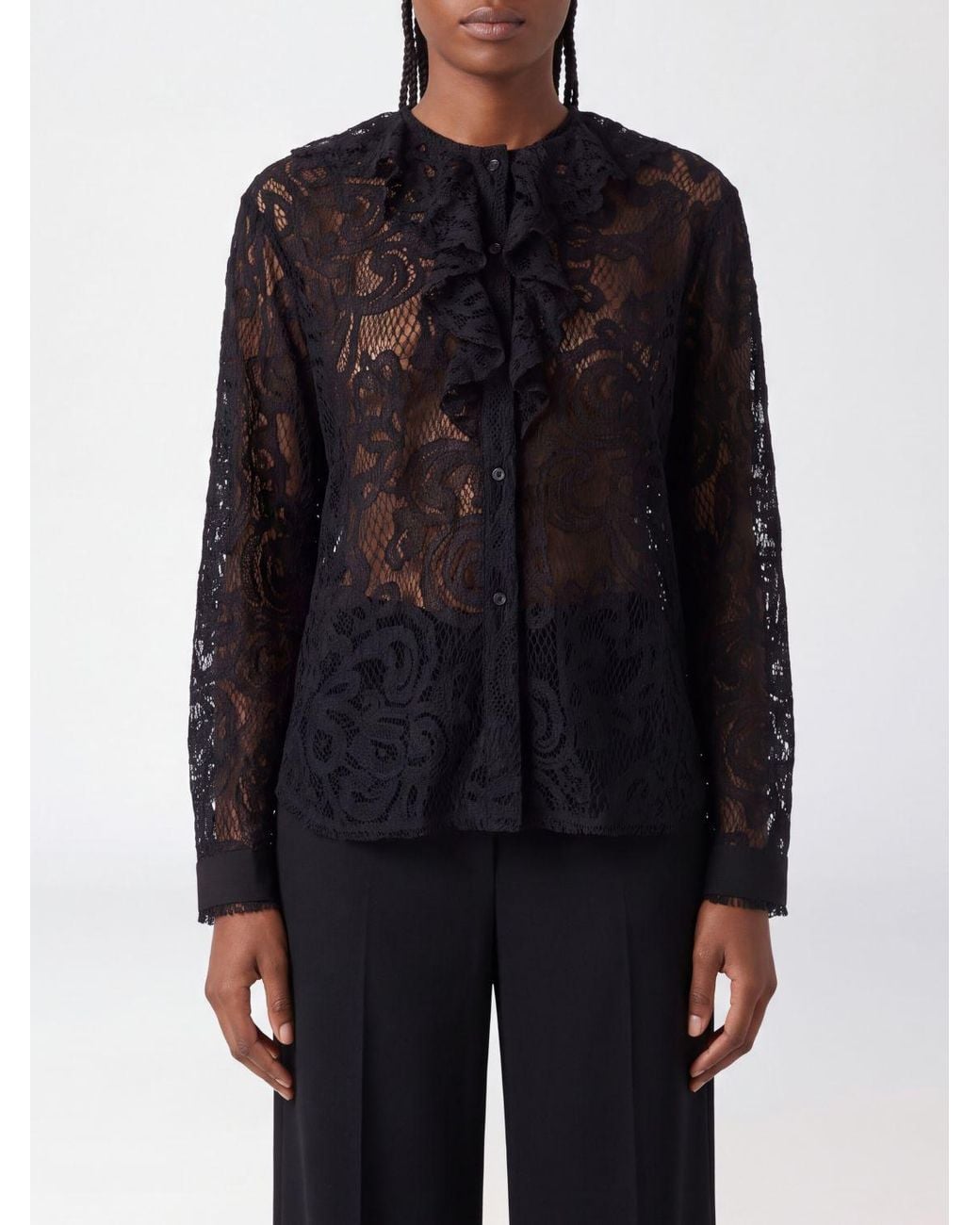 Nude Blue Long-Sleeved Embroidered Lace Blouse With Ruffles And Crew Neck