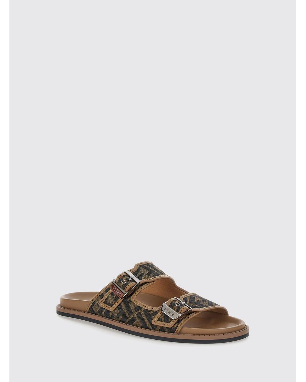 Fendi Flache Feel Sandalen Aus Leder Und Stoff Mit Ff-Monogramm Und Doppelriemen in Brown für Herren