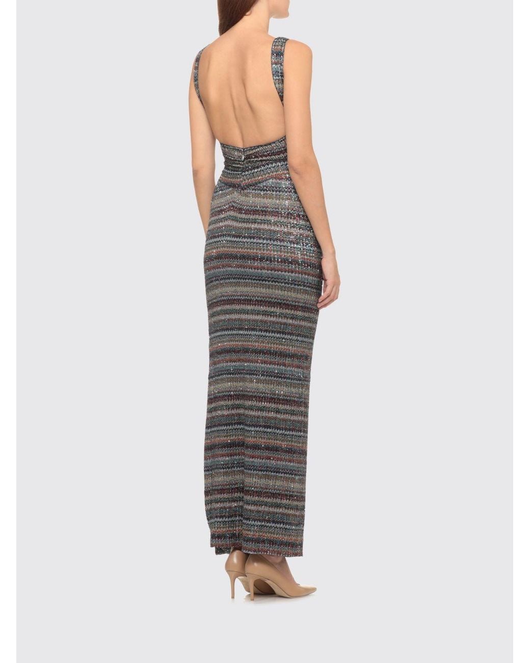 Missoni Multicolor Striped Lurex Knit Long Sheath Dress With V-Neck