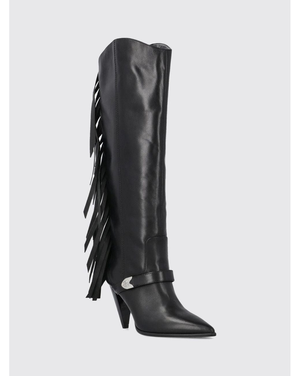 Pinko Black Vane Fringed Leather Knee-High Boots With High Heel