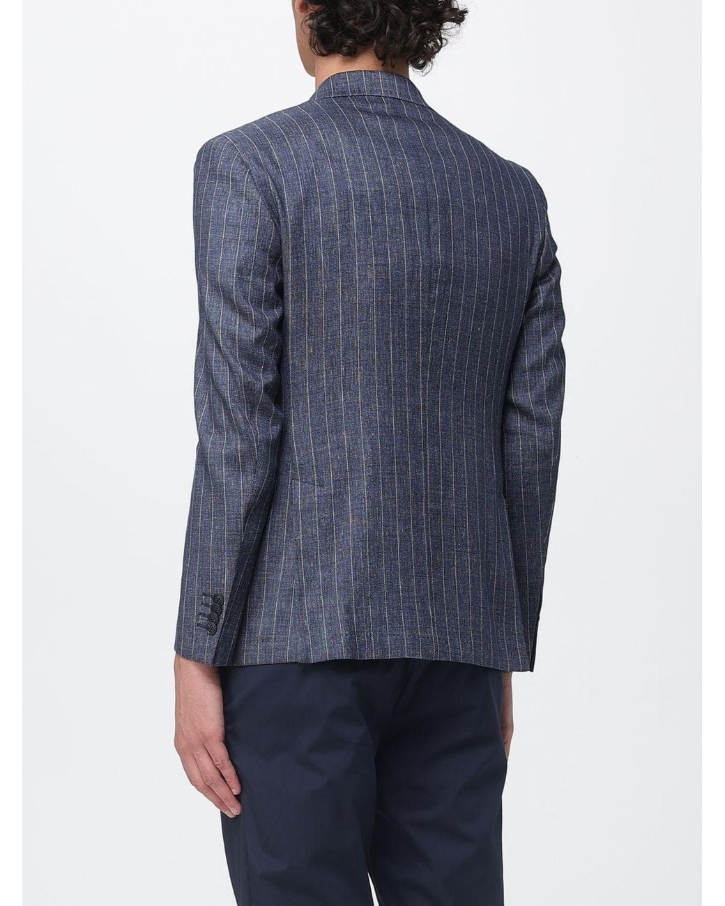 Manuel Ritz Blue Single-Breasted Pinstriped Linen Blend Blazer for men