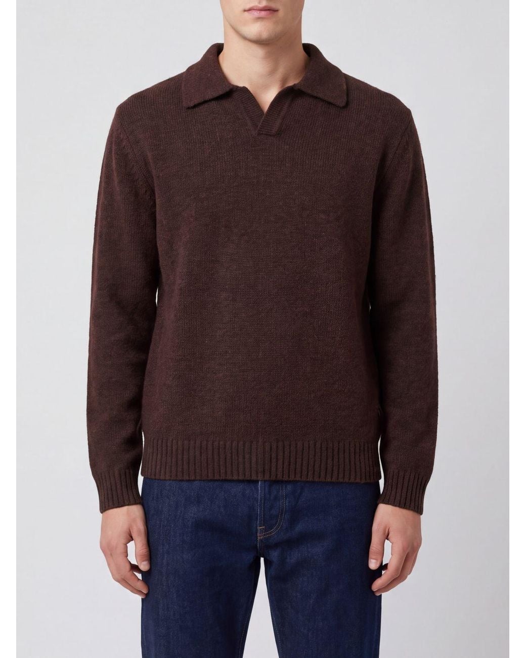 Aspesi Brown Long-Sleeved Wool Knit Polo Shirt With A Classic Collar for men