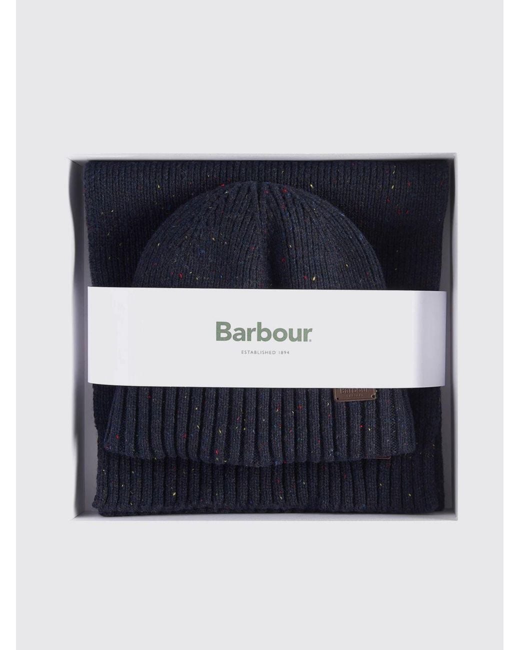 Barbour Blue Wool Blend Beanie Hat And Scarf Gift Set With Applied Logo for men