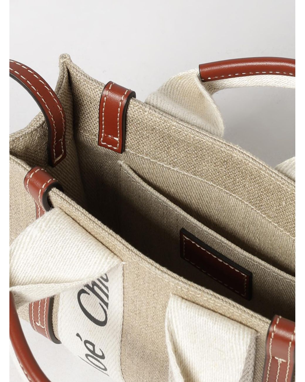 Chloé Natural ChloÉ Woody Mini Linen And Cotton Tote Bag With Logo Handles