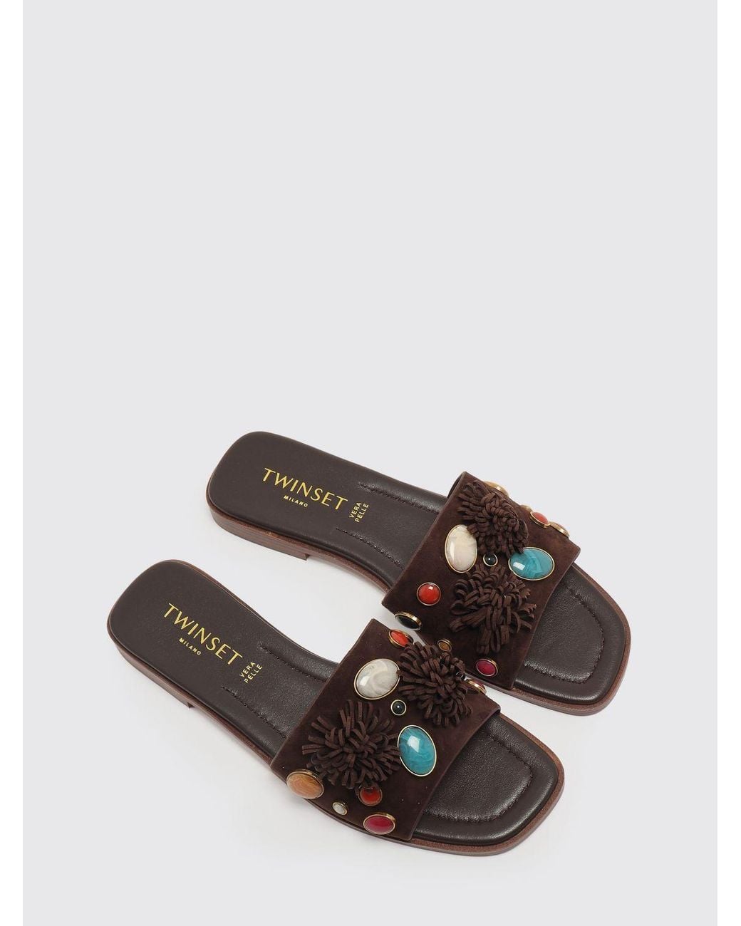 Twinset Brown Suede Mules With Stones