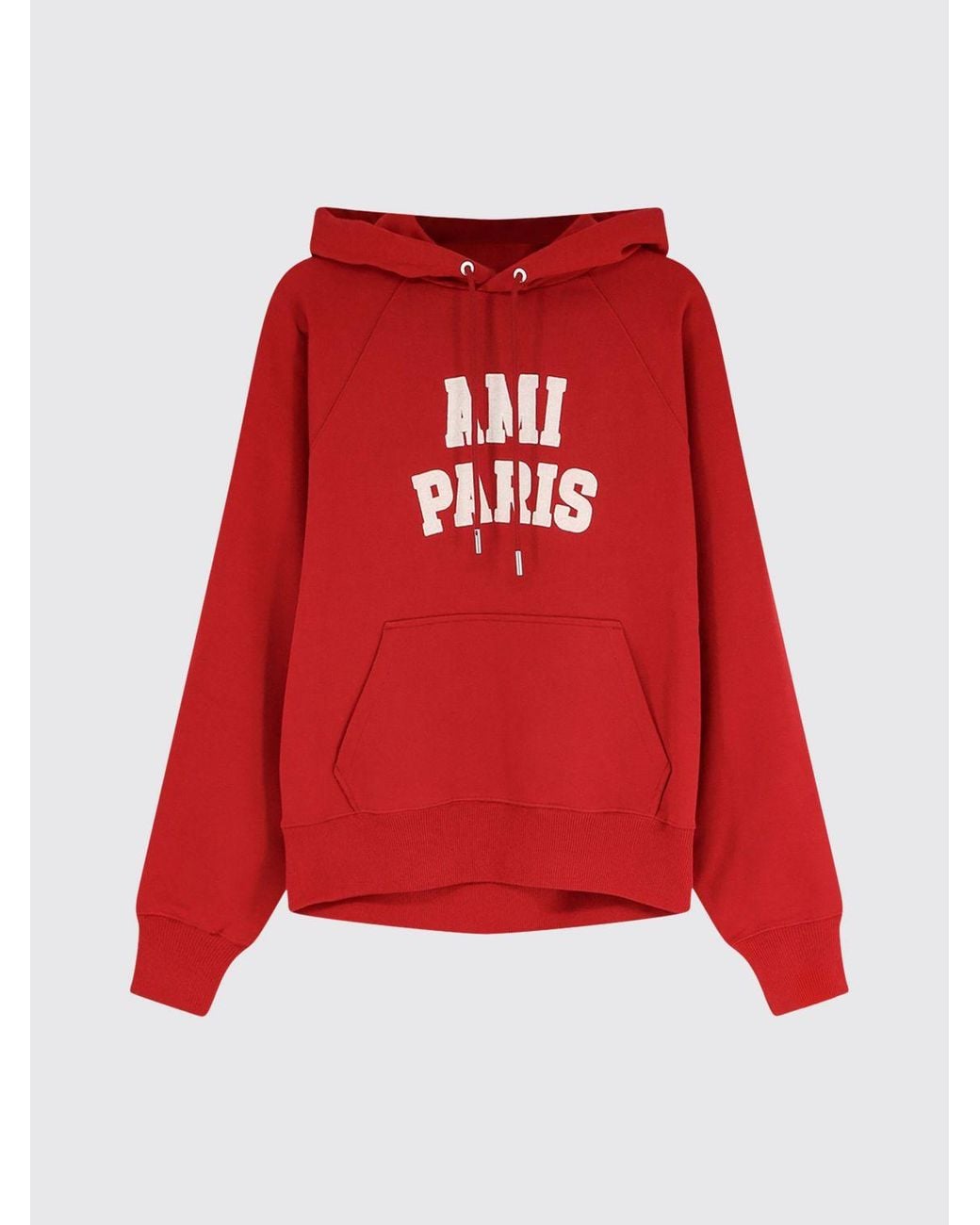 AMI Red Relaxed Fit Cotton Hoodie With Printed Logo