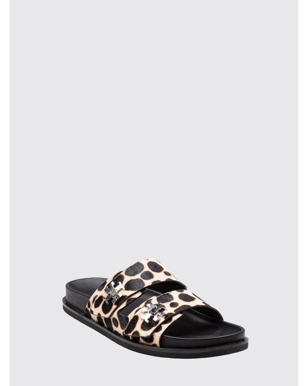 Tory Burch White Animal-Print Pony Hair Flat Sandals With Double T Logo