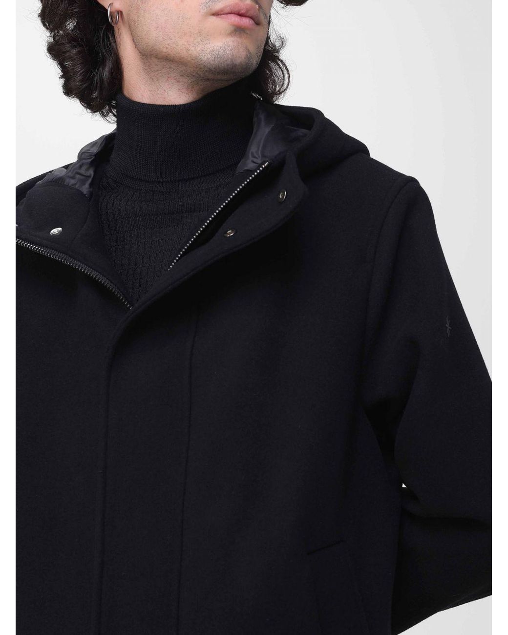 Manuel Ritz Blue Single-Breasted Wool Coat With Hood And Concealed Fastening for men