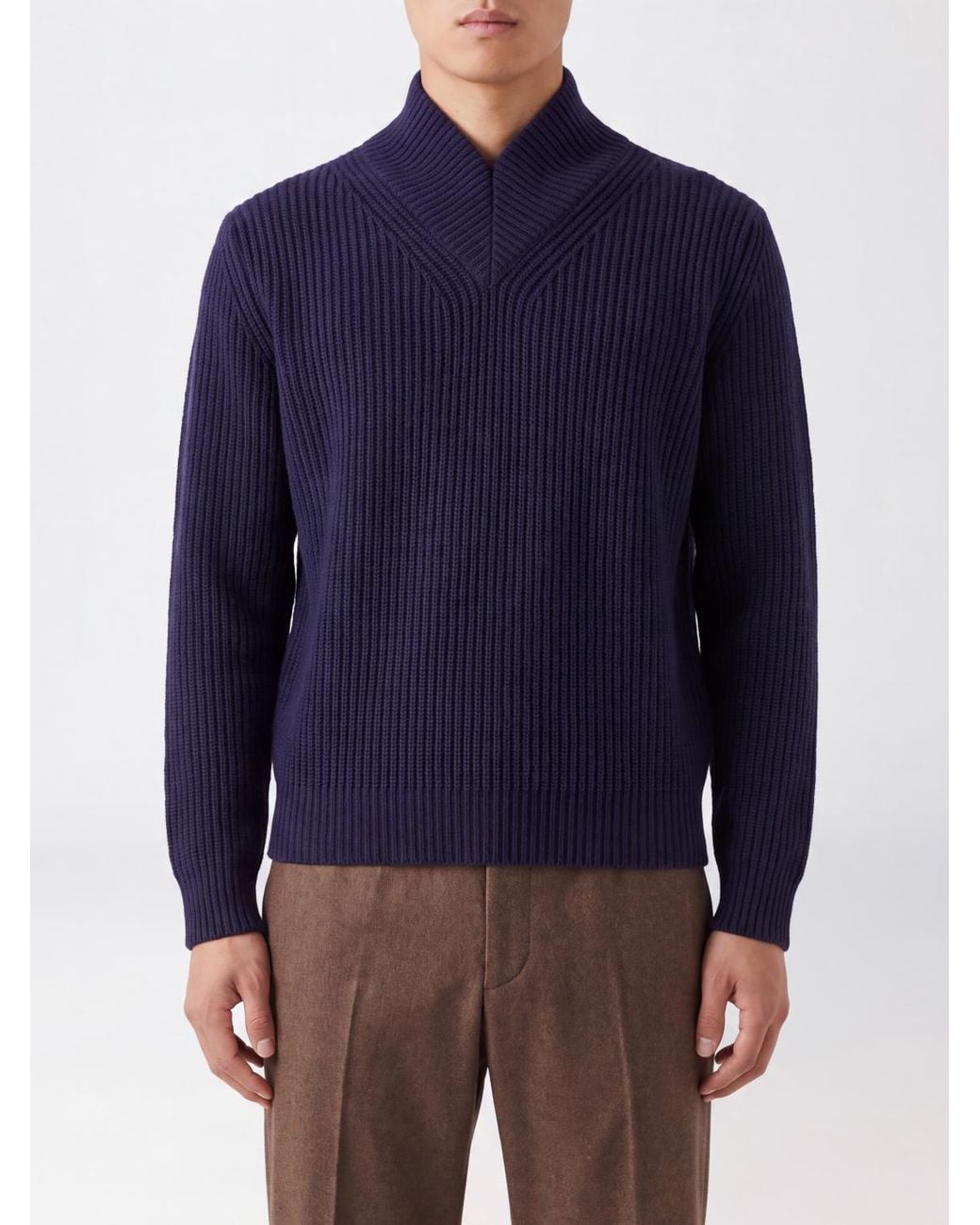 Cruna Blue V-Neck Pure Wool Jumper With Long Sleeves And Ribbed Edges for men