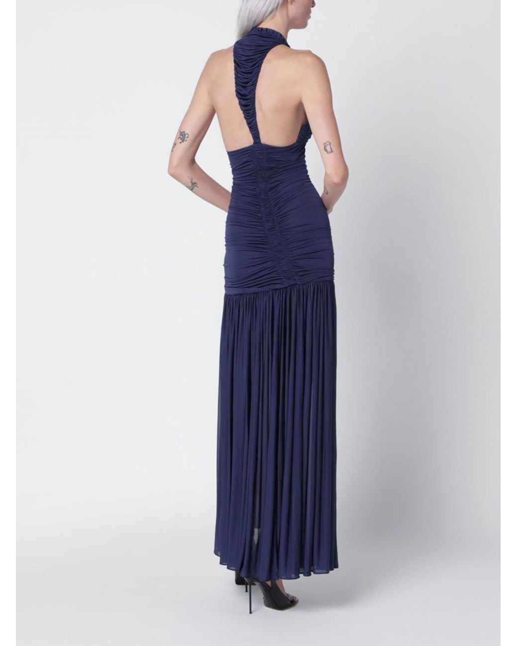 Christopher Esber Blue Pleated Halterneck Long Jersey Evening Gown
