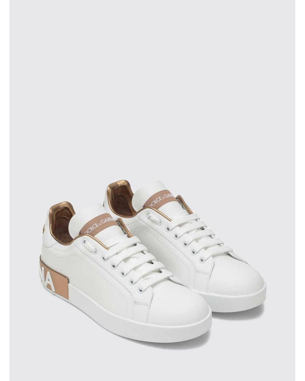 Dolce & Gabbana White Dolce &Amp Gabbana Portofino Calfskin Trainers With Logo And Details