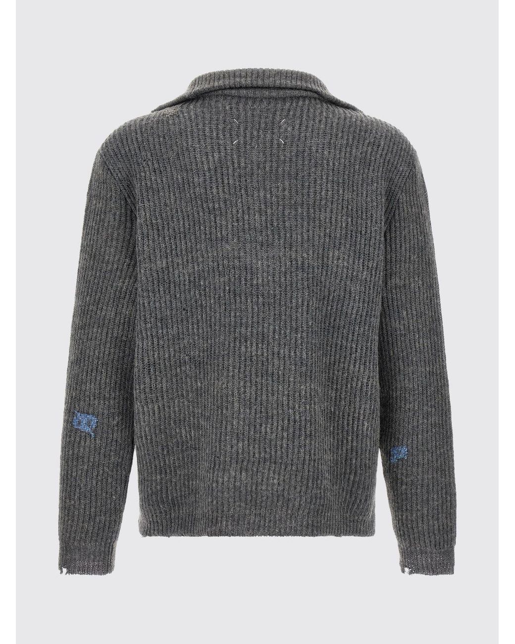 Maison Margiela Gray Linen And Wool High Neck Jumper With Zip And Distressed Effect for men