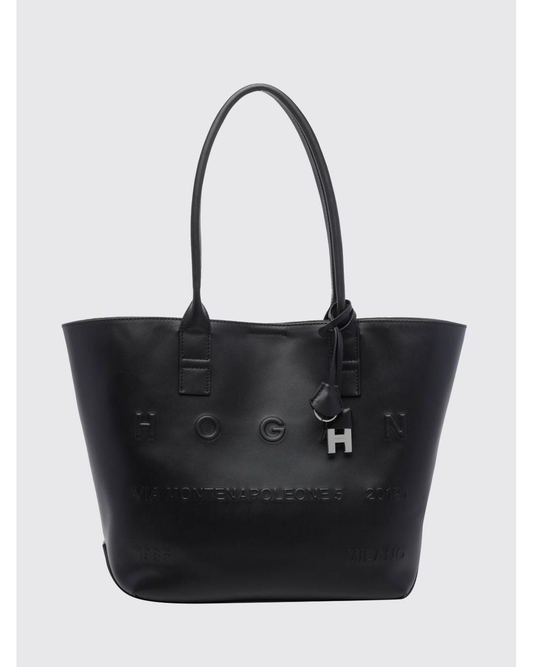 Hogan Black Address Small Calf Leather Tote Bag With Embossed Logo And Removable Pouch