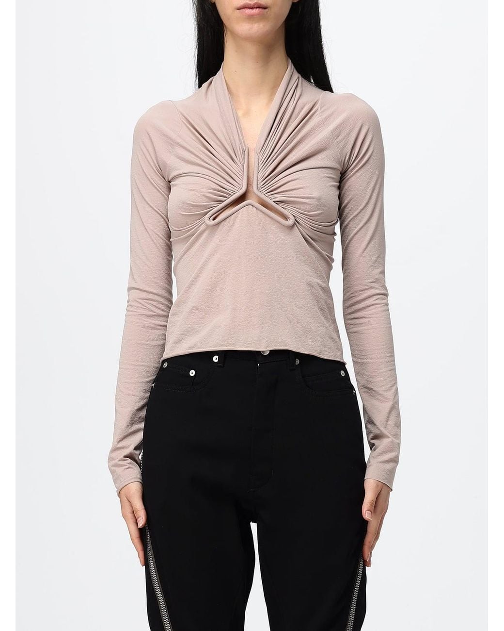 Rick Owens White Draped Asymmetrical Neck Long-Sleeved Top