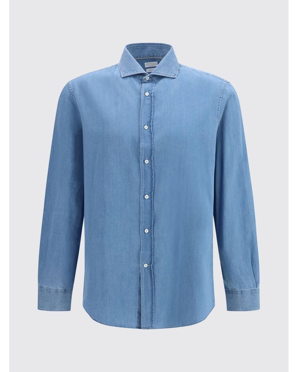 Brunello Cucinelli Blue Slim Fit Cotton Denim Shirt With French Collar for men