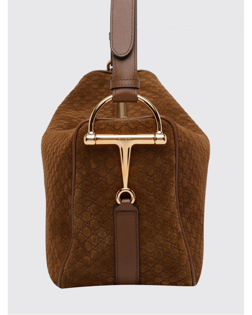 Gucci Brown Half Horsebit Suede Bag With Embossed Gg Monogram