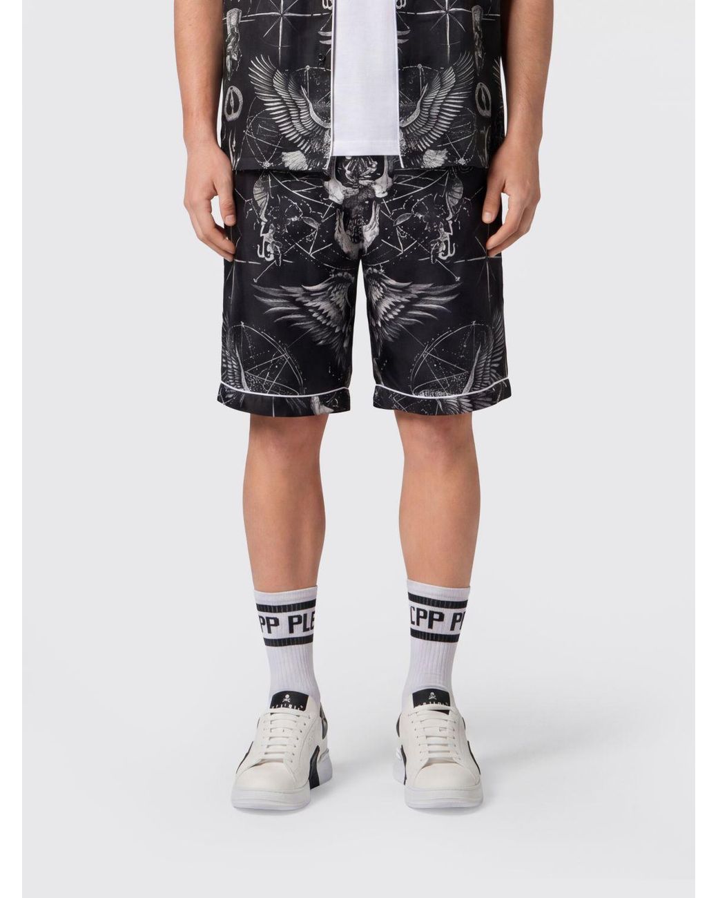 Philipp Plein Black Silk Jogging Shorts With Graphic Print And Drawstring for men