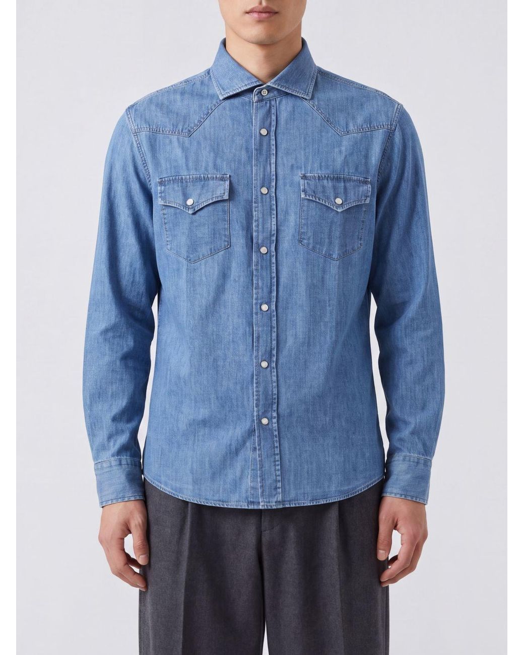 Brunello Cucinelli Blue Cotton Shirt With French Collar for men